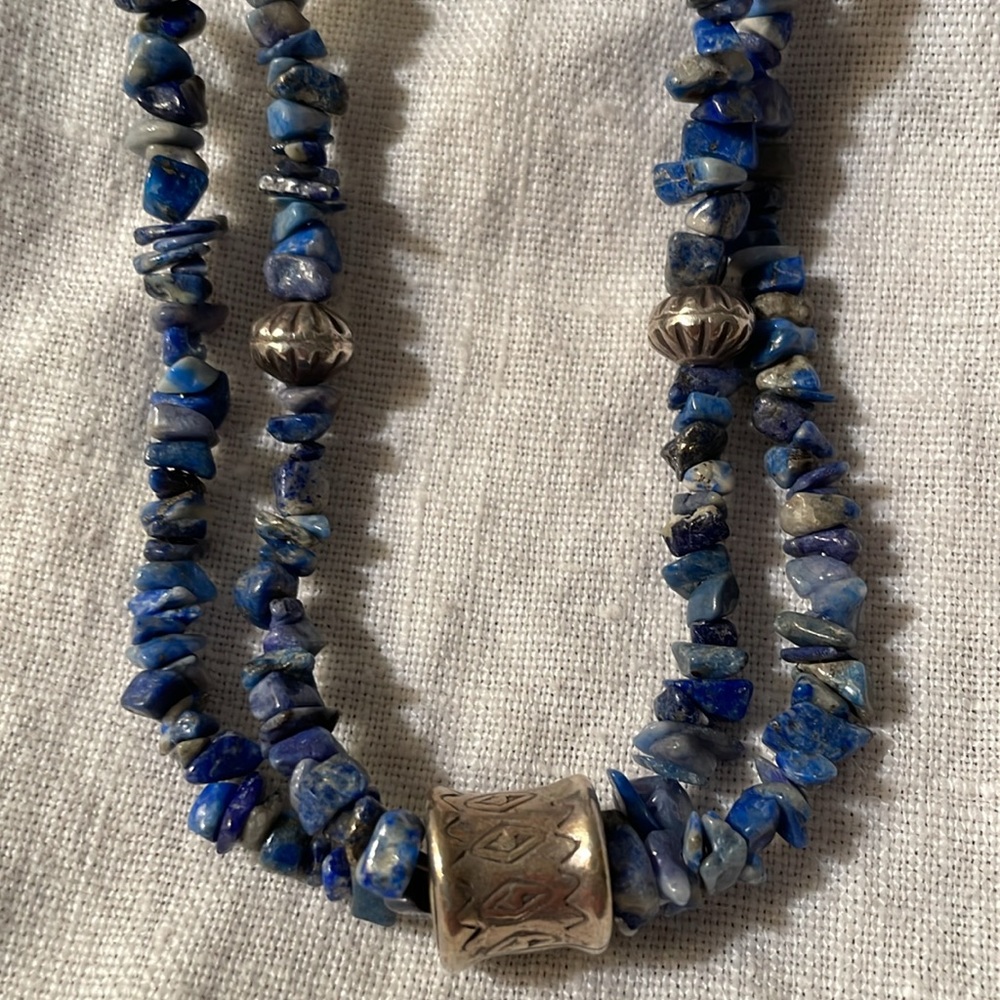 Lapis Chips and Thai Silver Double Strand Necklace - Picture 2 of 3